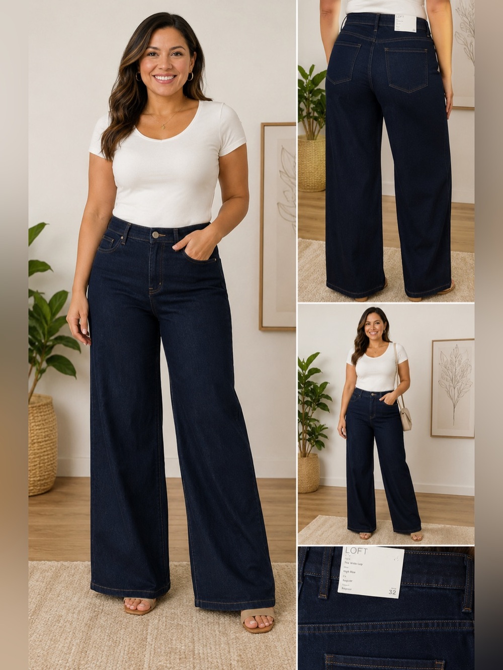 LOFT Brand new . Wide Leg' High Rise Navy Jeans, Size 32/14, Regular Inseam